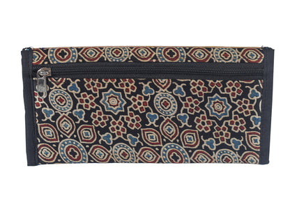 Ajrakh Mashru Silk Leathercraft Hand Made Leather Craft Punch Work Clutch  - 10.5 cms Length    -  SKU : AB04801N