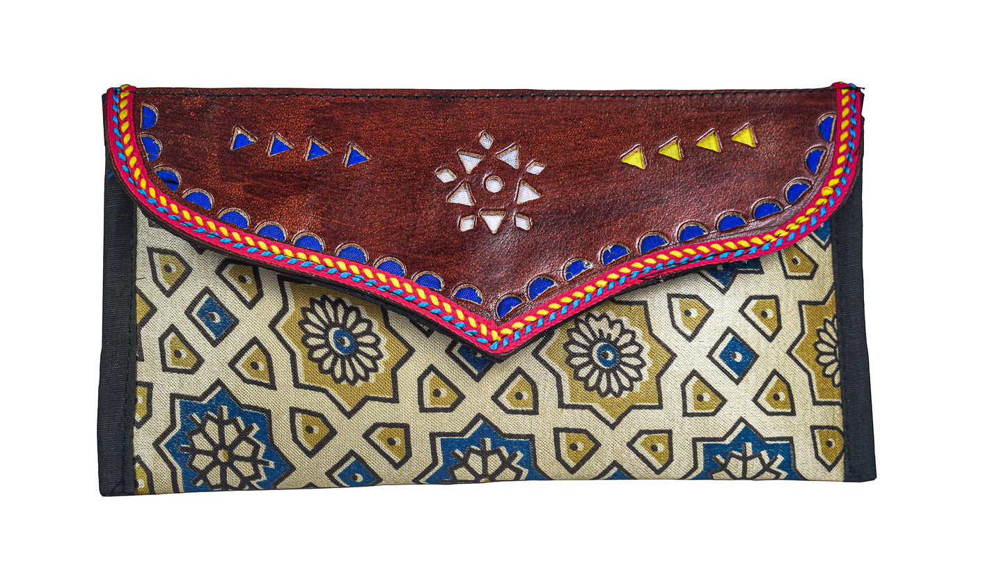 Ajrakh Mashru Silk Leathercraft Hand Made Leather Craft Punch Work Clutch  - 10.5 cms Length    -  SKU : AB19401A
