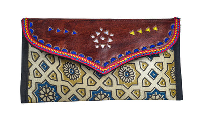 Ajrakh Mashru Silk Leathercraft Hand Made Leather Craft Punch Work Clutch  - 10.5 cms Length    -  SKU : AB19401A