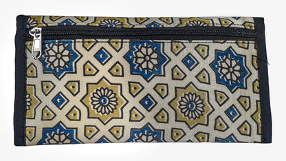 Ajrakh Mashru Silk Leathercraft Hand Made Leather Craft Punch Work Clutch  - 10.5 cms Length    -  SKU : AB19401A