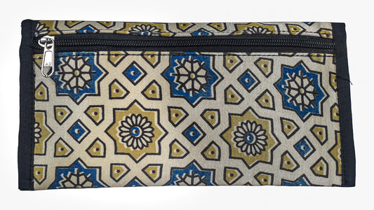 Ajrakh Mashru Silk Leathercraft Hand Made Leather Craft Punch Work Clutch  - 10.5 cms Length    -  SKU : AB19401A