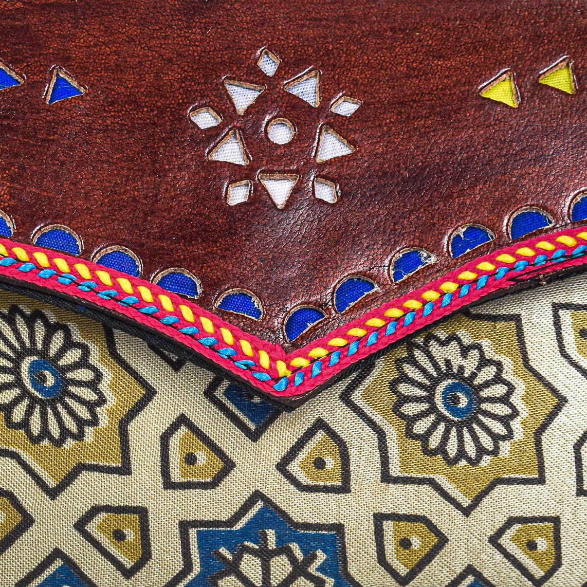 Ajrakh Mashru Silk Leathercraft Hand Made Leather Craft Punch Work Clutch  - 10.5 cms Length    -  SKU : AB19401A