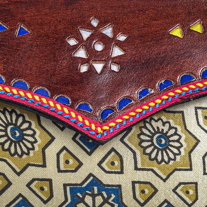 Ajrakh Mashru Silk Leathercraft Hand Made Leather Craft Punch Work Clutch  - 10.5 cms Length    -  SKU : AB19401A