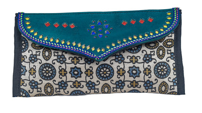 Ajrakh Mashru Silk Leathercraft Hand Made Leather Craft Punch Work Clutch  - 10.5 cms Length    -  SKU : AB19401B
