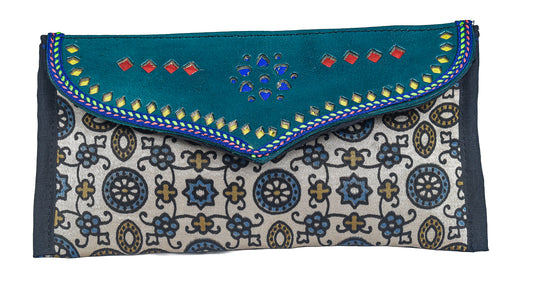 Ajrakh Mashru Silk Leathercraft Hand Made Leather Craft Punch Work Clutch  - 10.5 cms Length    -  SKU : AB19401B