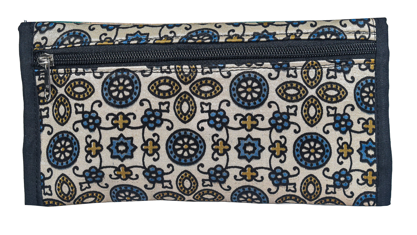 Ajrakh Mashru Silk Leathercraft Hand Made Leather Craft Punch Work Clutch  - 10.5 cms Length    -  SKU : AB19401B