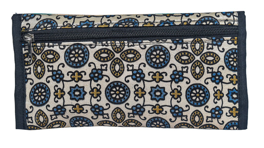 Ajrakh Mashru Silk Leathercraft Hand Made Leather Craft Punch Work Clutch  - 10.5 cms Length    -  SKU : AB19401B