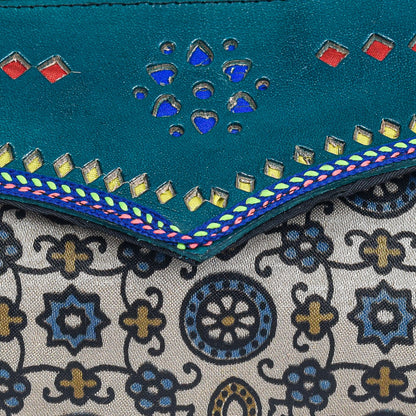 Ajrakh Mashru Silk Leathercraft Hand Made Leather Craft Punch Work Clutch  - 10.5 cms Length    -  SKU : AB19401B
