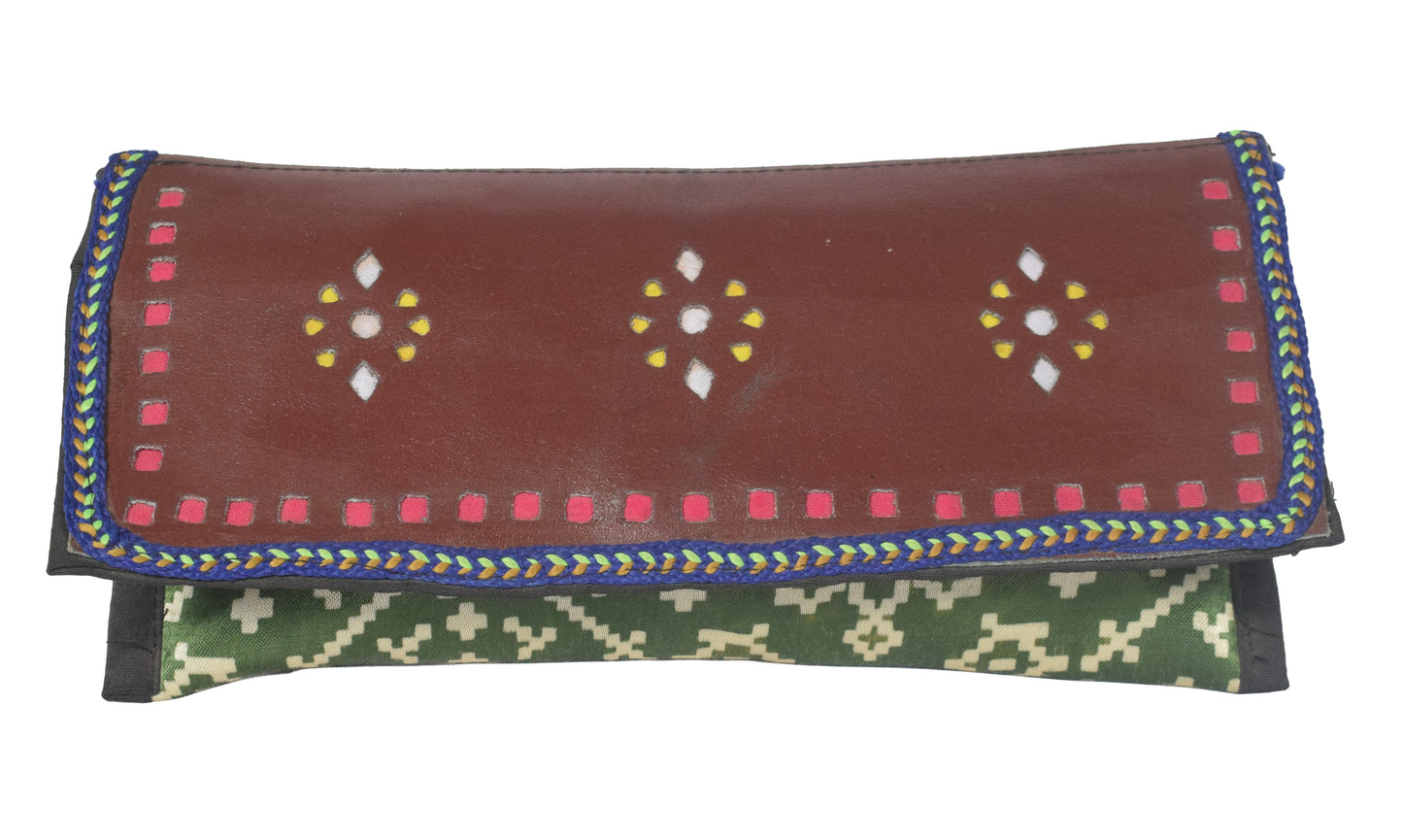 Ajrakh Mashru Silk Leathercraft Hand Made Leather Craft Punch Work Clutch  - 10.5 cms Length    -  SKU : AB26201B