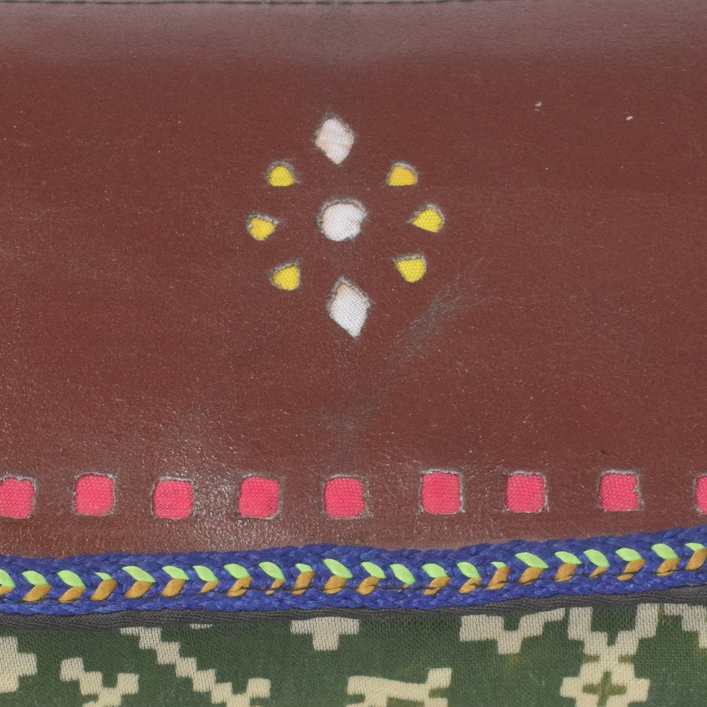 Ajrakh Mashru Silk Leathercraft Hand Made Leather Craft Punch Work Clutch  - 10.5 cms Length    -  SKU : AB26201B