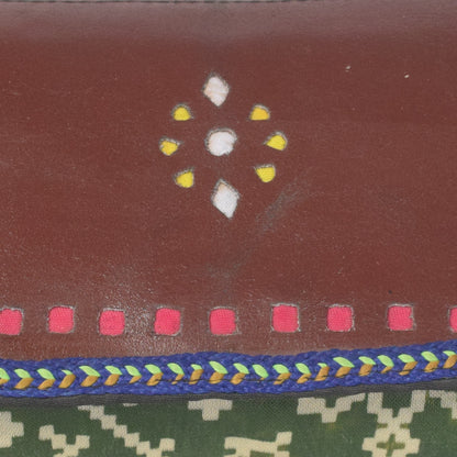 Ajrakh Mashru Silk Leathercraft Hand Made Leather Craft Punch Work Clutch  - 10.5 cms Length    -  SKU : AB26201B