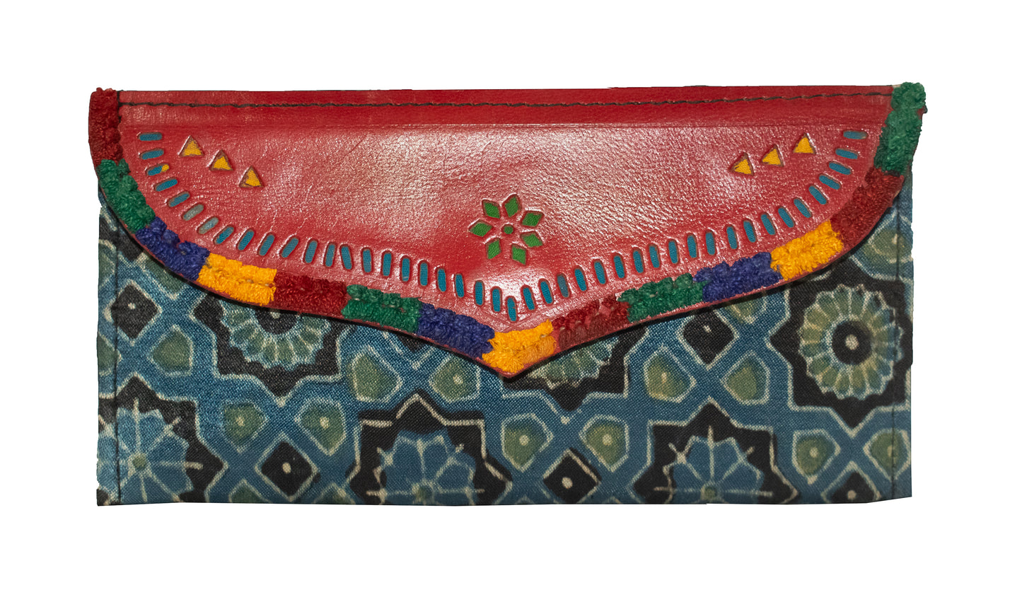 Ajrakh Mashru Silk Leathercraft Hand Made Leather Craft Punch Work Clutch  - 10.5 cms Length    -  SKU : AB15805A