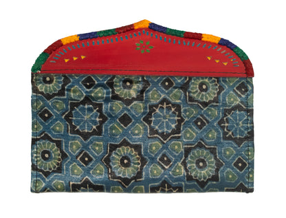 Ajrakh Mashru Silk Leathercraft Hand Made Leather Craft Punch Work Clutch  - 10.5 cms Length    -  SKU : AB15805A