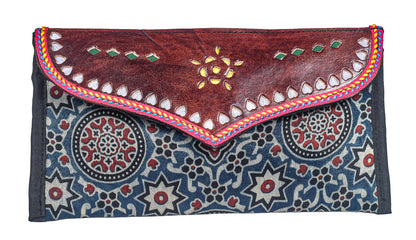 Ajrakh Mashru Silk Leathercraft Hand Made Leather Craft Punch Work Clutch  - 10.5 cms Length    -  SKU : AB19401C