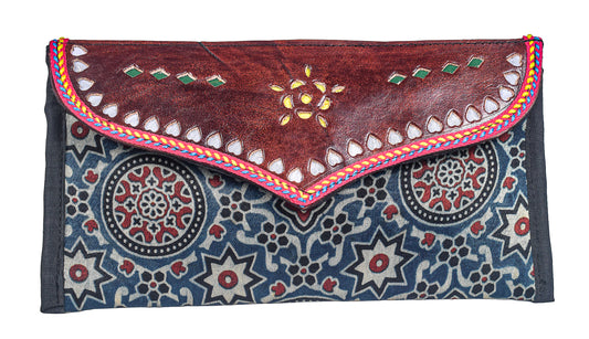 Ajrakh Mashru Silk Leathercraft Hand Made Leather Craft Punch Work Clutch  - 10.5 cms Length    -  SKU : AB19401C