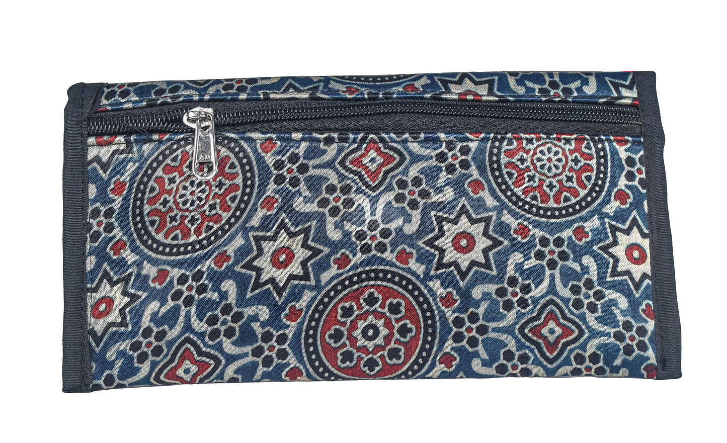Ajrakh Mashru Silk Leathercraft Hand Made Leather Craft Punch Work Clutch  - 10.5 cms Length    -  SKU : AB19401C