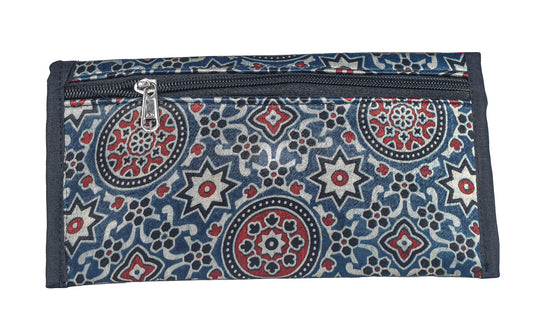 Ajrakh Mashru Silk Leathercraft Hand Made Leather Craft Punch Work Clutch  - 10.5 cms Length    -  SKU : AB19401C
