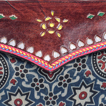 Ajrakh Mashru Silk Leathercraft Hand Made Leather Craft Punch Work Clutch  - 10.5 cms Length    -  SKU : AB19401C