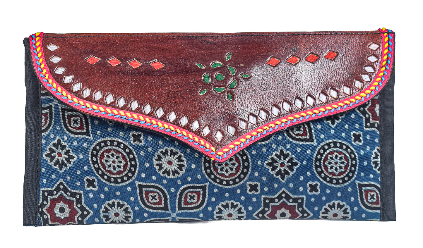 Ajrakh Mashru Silk Leathercraft Hand Made Leather Craft Punch Work Clutch  - 10.5 cms Length    -  SKU : AB19401G
