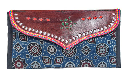 Ajrakh Mashru Silk Leathercraft Hand Made Leather Craft Punch Work Clutch  - 10.5 cms Length    -  SKU : AB19401G
