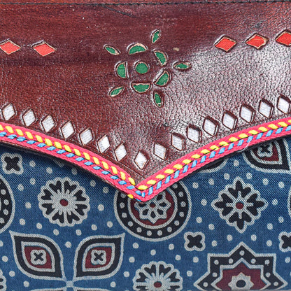 Ajrakh Mashru Silk Leathercraft Hand Made Leather Craft Punch Work Clutch  - 10.5 cms Length    -  SKU : AB19401G