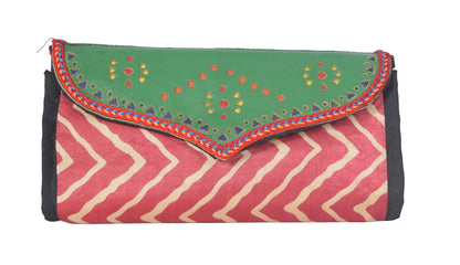 Ajrakh Mashru Silk Leathercraft Hand Made Leather Craft Punch Work Clutch  - 10.5 cms Length    -  SKU : AB26201E