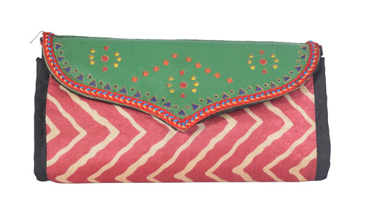 Ajrakh Mashru Silk Leathercraft Hand Made Leather Craft Punch Work Clutch  - 10.5 cms Length    -  SKU : AB26201E