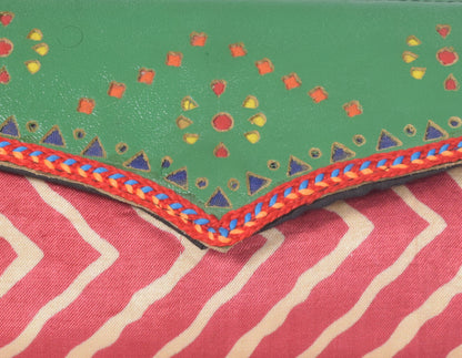 Ajrakh Mashru Silk Leathercraft Hand Made Leather Craft Punch Work Clutch  - 10.5 cms Length    -  SKU : AB26201E