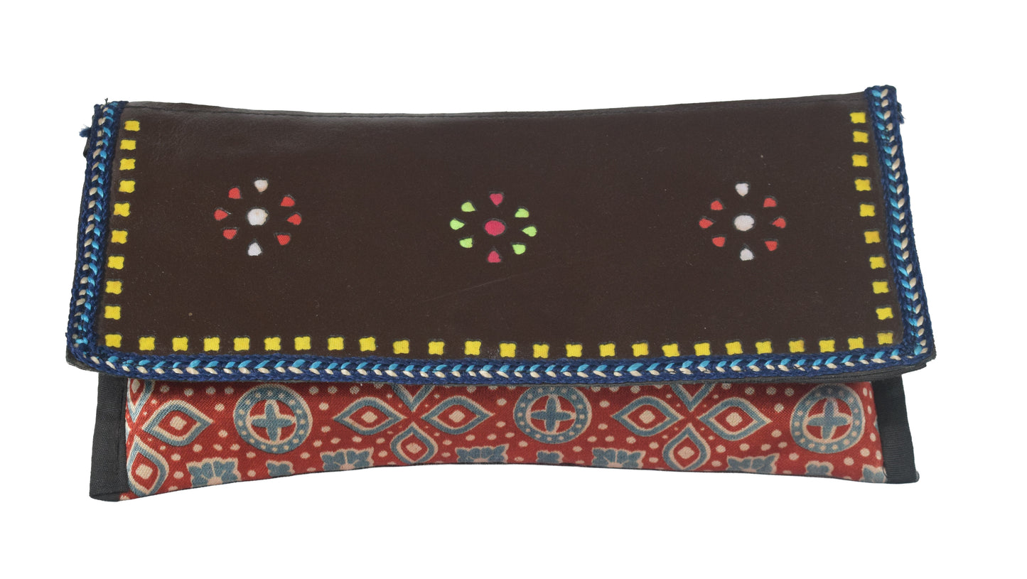 Ajrakh Mashru Silk Leathercraft Hand Made Leather Craft Punch Work Clutch  - 10.5 cms Length    -  SKU : AB26201F