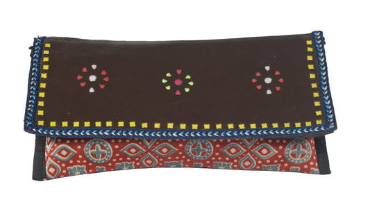 Ajrakh Mashru Silk Leathercraft Hand Made Leather Craft Punch Work Clutch  - 10.5 cms Length    -  SKU : AB26201F