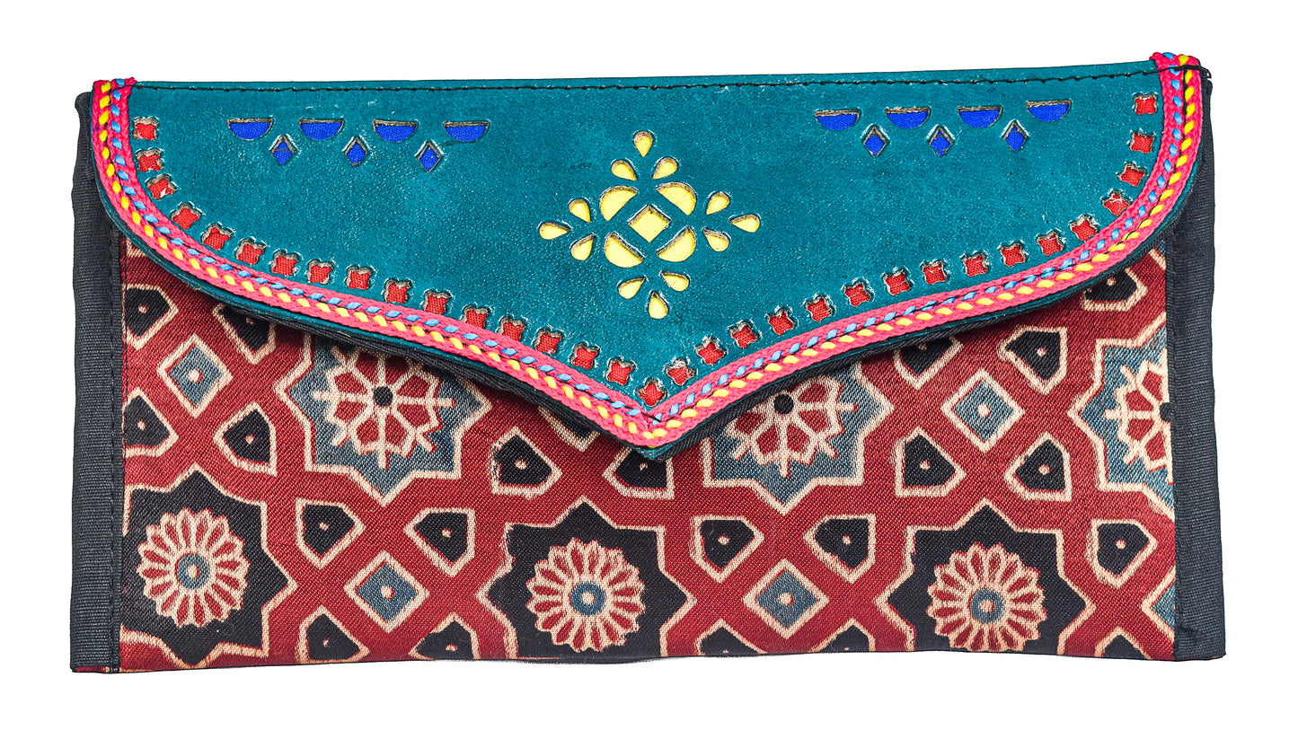 Ajrakh Mashru Silk Leathercraft Hand Made Leather Craft Punch Work Clutch  - 10.5 cms Length    -  SKU : AB19401E
