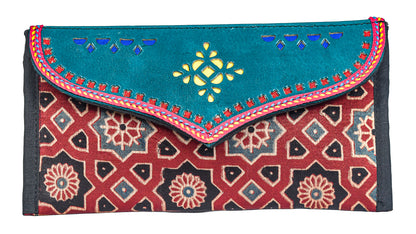 Ajrakh Mashru Silk Leathercraft Hand Made Leather Craft Punch Work Clutch  - 10.5 cms Length    -  SKU : AB19401E