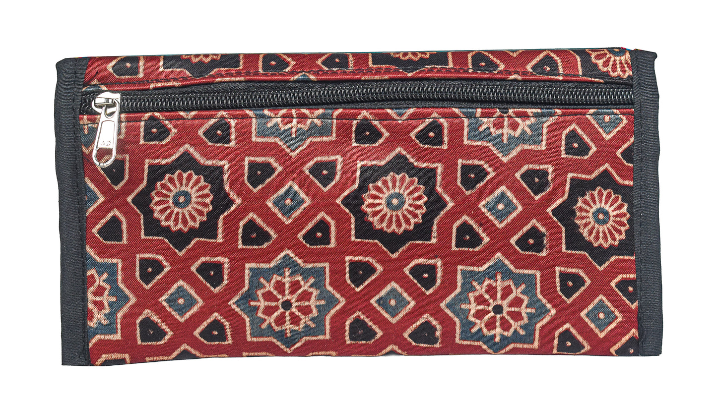 Ajrakh Mashru Silk Leathercraft Hand Made Leather Craft Punch Work Clutch  - 10.5 cms Length    -  SKU : AB19401E