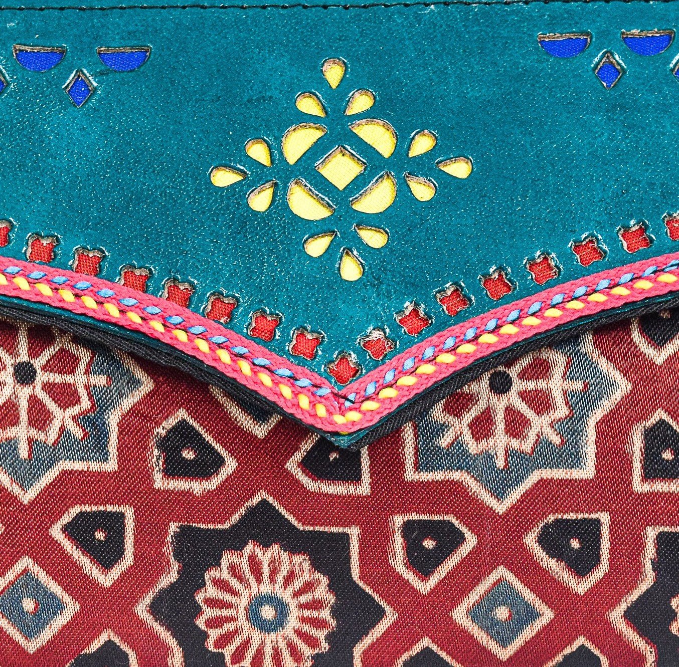 Ajrakh Mashru Silk Leathercraft Hand Made Leather Craft Punch Work Clutch  - 10.5 cms Length    -  SKU : AB19401E