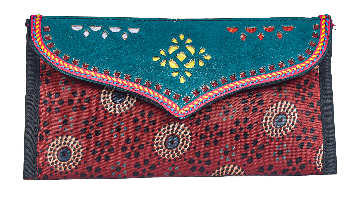 Ajrakh Mashru Silk Leathercraft Hand Made Leather Craft Punch Work Clutch  - 10.5 cms Length    -  SKU : AB19401F