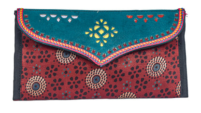 Ajrakh Mashru Silk Leathercraft Hand Made Leather Craft Punch Work Clutch  - 10.5 cms Length    -  SKU : AB19401F
