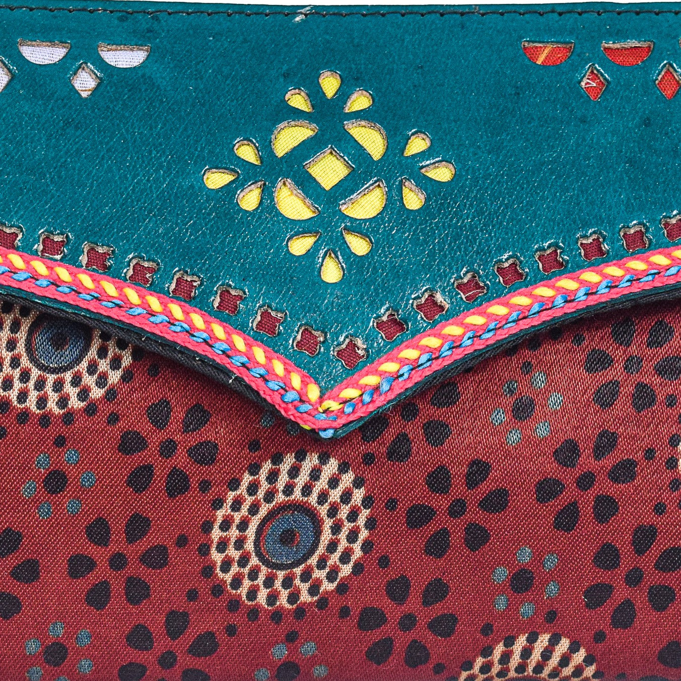 Ajrakh Mashru Silk Leathercraft Hand Made Leather Craft Punch Work Clutch  - 10.5 cms Length    -  SKU : AB19401F