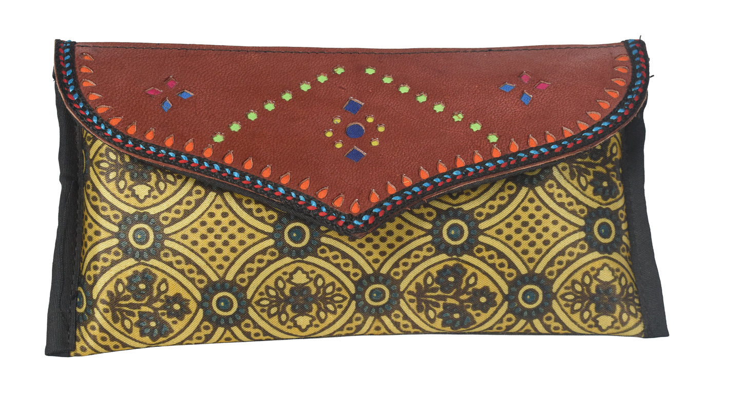 Ajrakh Mashru Silk Leathercraft Hand Made Leather Craft Punch Work Clutch  - 10.5 cms Length    -  SKU : AB26201D