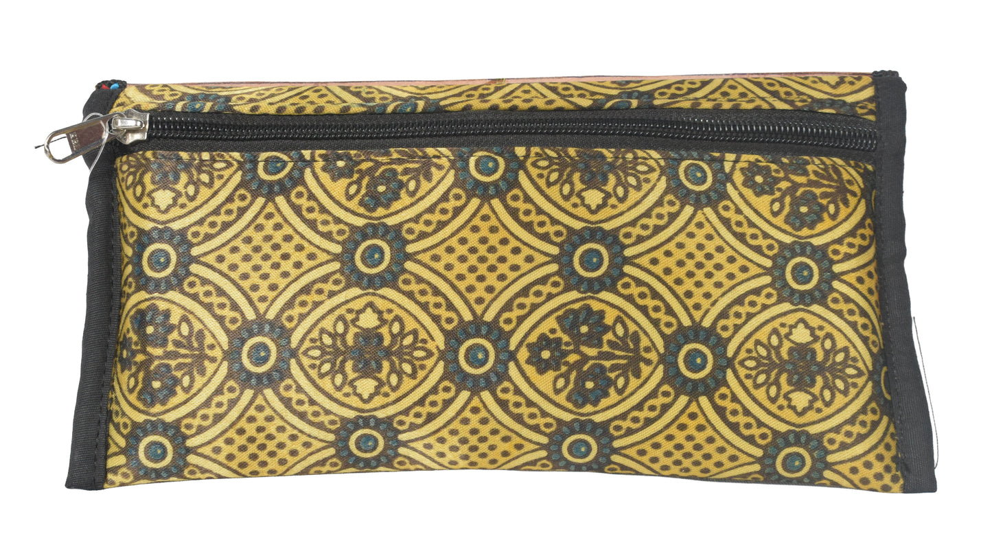 Ajrakh Mashru Silk Leathercraft Hand Made Leather Craft Punch Work Clutch  - 10.5 cms Length    -  SKU : AB26201D