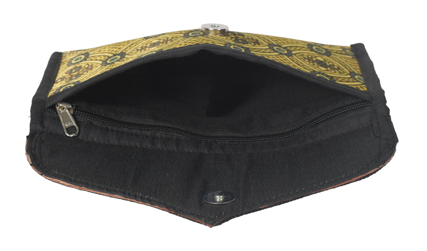 Ajrakh Mashru Silk Leathercraft Hand Made Leather Craft Punch Work Clutch  - 10.5 cms Length    -  SKU : AB26201D
