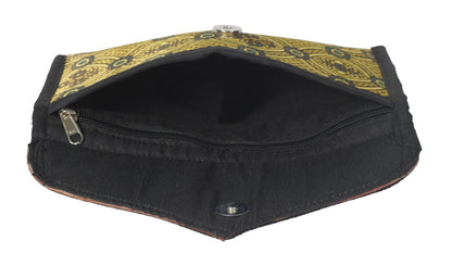 Ajrakh Mashru Silk Leathercraft Hand Made Leather Craft Punch Work Clutch  - 10.5 cms Length    -  SKU : AB26201D