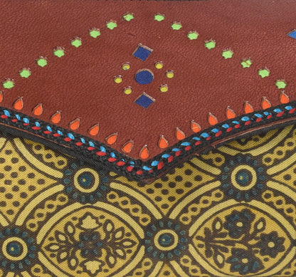 Ajrakh Mashru Silk Leathercraft Hand Made Leather Craft Punch Work Clutch  - 10.5 cms Length    -  SKU : AB26201D