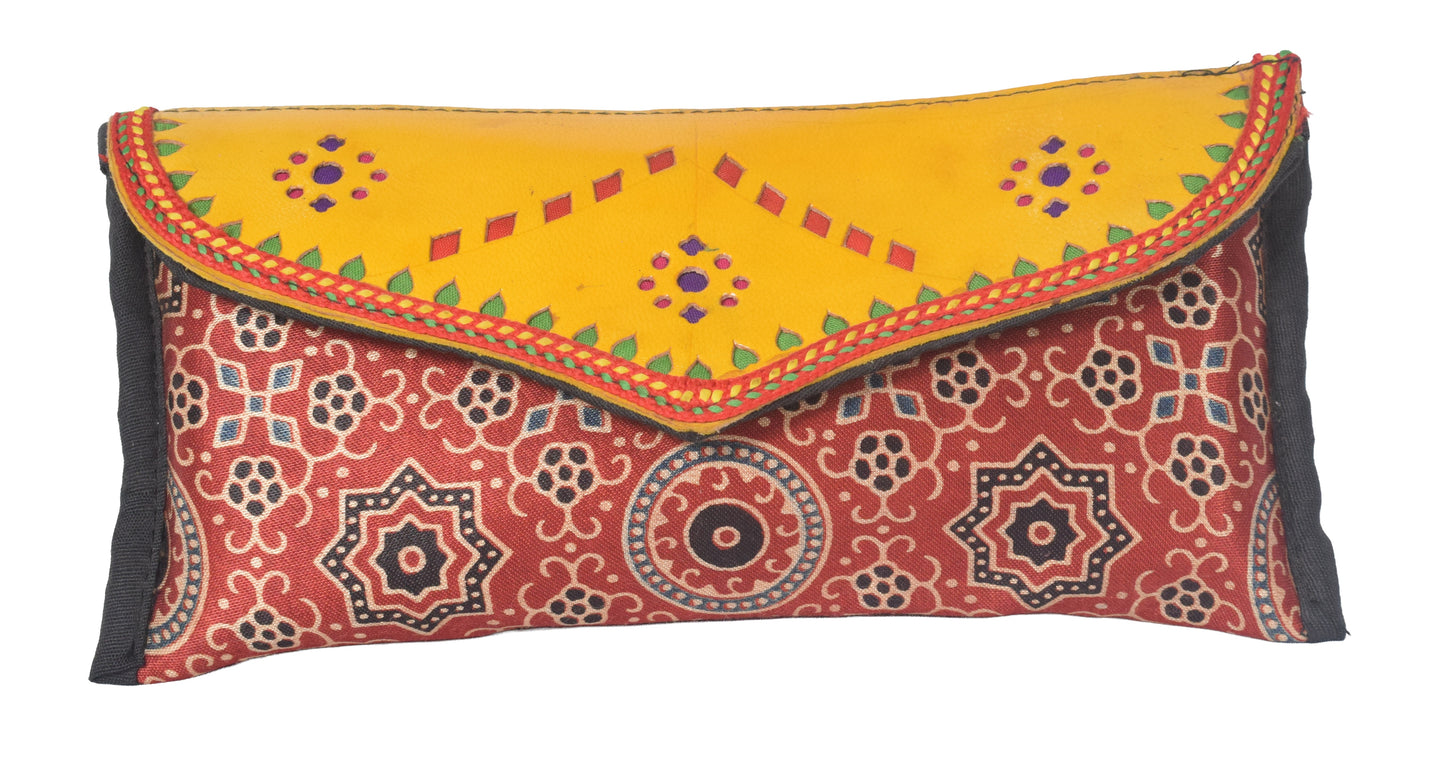 Ajrakh Mashru Silk Leathercraft Hand Made Leather Craft Punch Work Clutch  - 10.5 cms Length    -  SKU : AB26201C