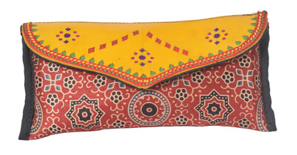 Ajrakh Mashru Silk Leathercraft Hand Made Leather Craft Punch Work Clutch  - 10.5 cms Length    -  SKU : AB26201C