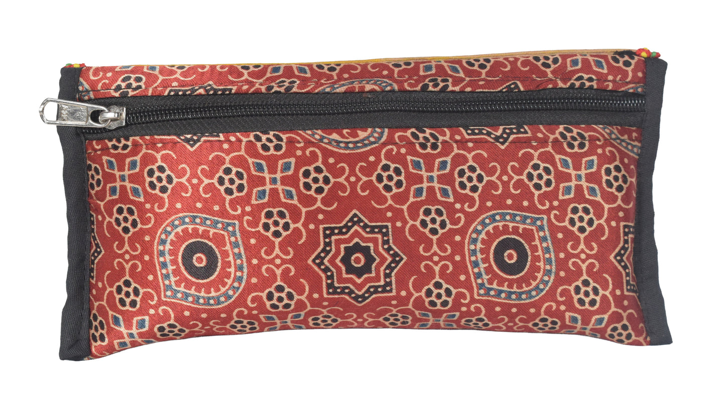 Ajrakh Mashru Silk Leathercraft Hand Made Leather Craft Punch Work Clutch  - 10.5 cms Length    -  SKU : AB26201C