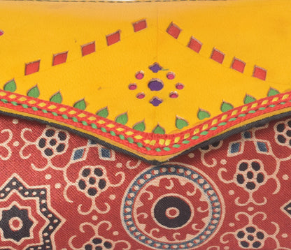 Ajrakh Mashru Silk Leathercraft Hand Made Leather Craft Punch Work Clutch  - 10.5 cms Length    -  SKU : AB26201C