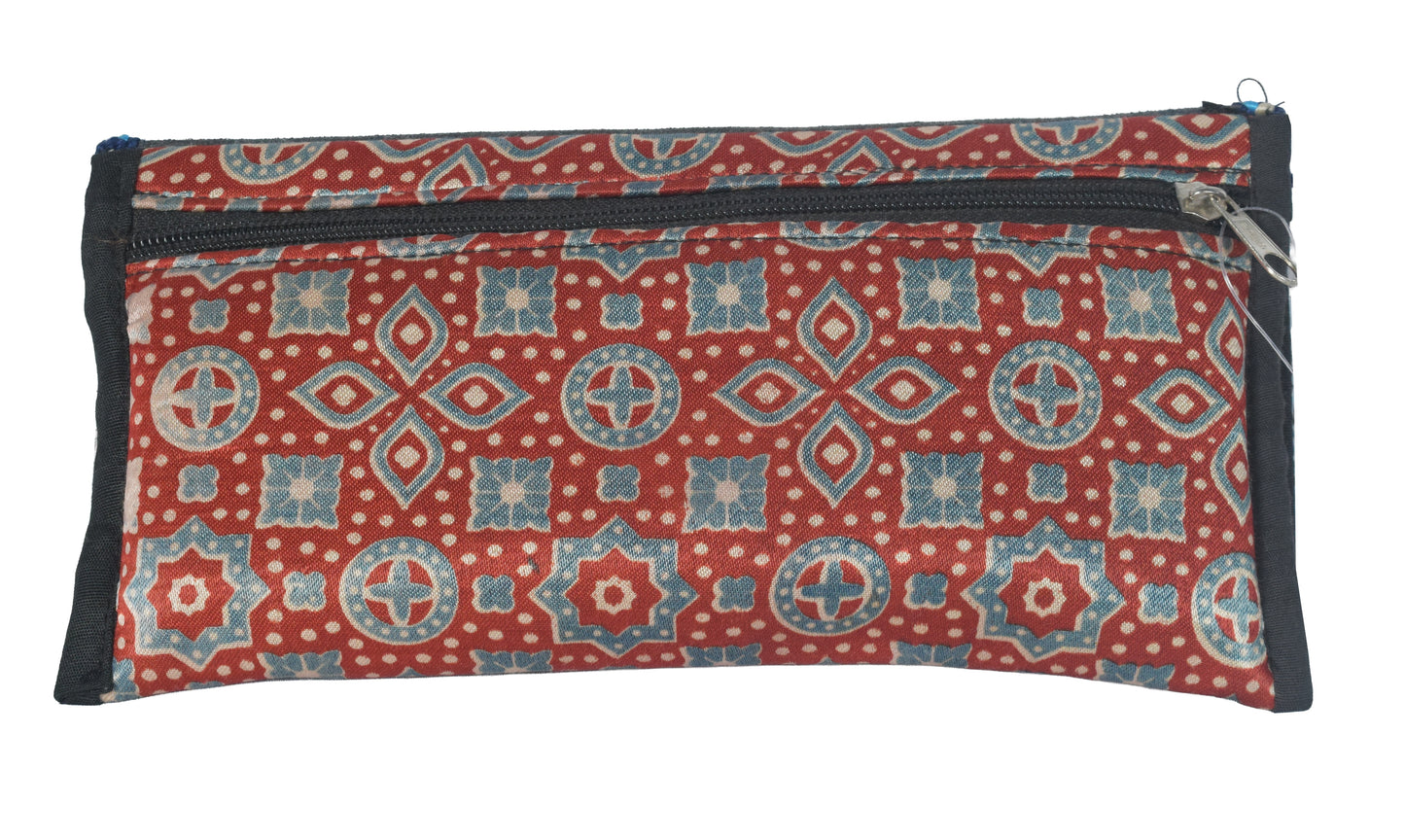 Ajrakh Mashru Silk Leathercraft Hand Made Leather Craft Punch Work Clutch  - 10.5 cms Length    -  SKU : AB26201F