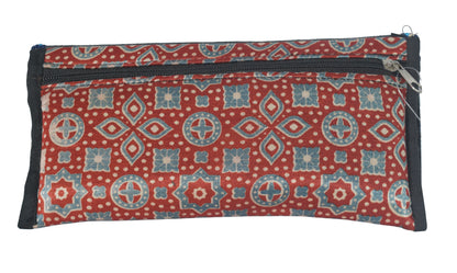 Ajrakh Mashru Silk Leathercraft Hand Made Leather Craft Punch Work Clutch  - 10.5 cms Length    -  SKU : AB26201F