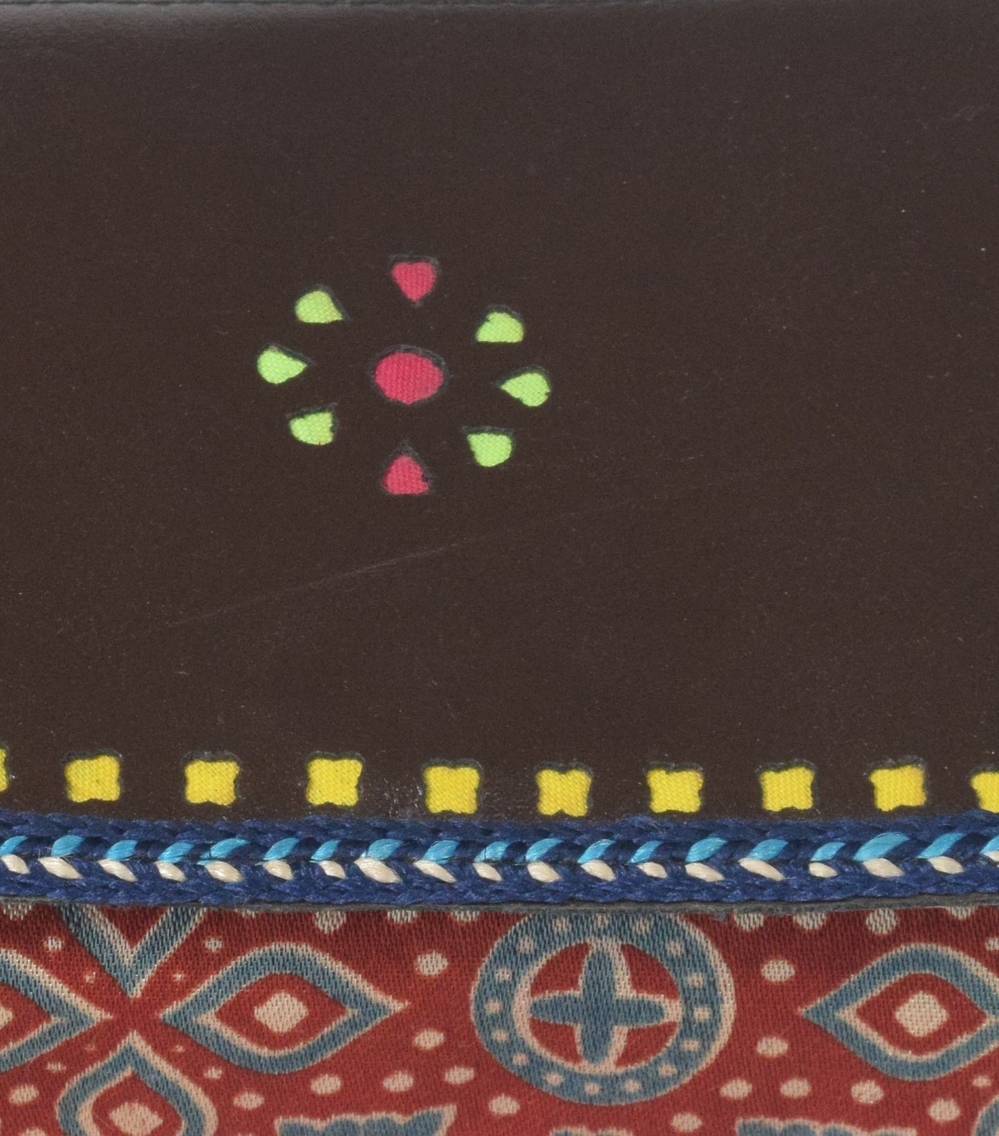 Ajrakh Mashru Silk Leathercraft Hand Made Leather Craft Punch Work Clutch  - 10.5 cms Length    -  SKU : AB26201F