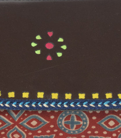 Ajrakh Mashru Silk Leathercraft Hand Made Leather Craft Punch Work Clutch  - 10.5 cms Length    -  SKU : AB26201F